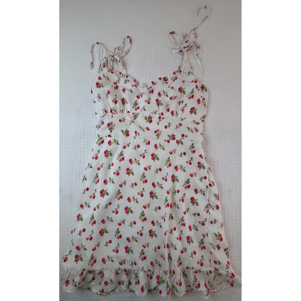 Abercrombie & Fitch Dress Women XS White Cherry Print Mini Ruffle Tie Strap